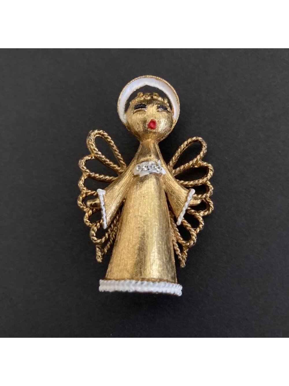 Vintage Christmas Gold Tone Mid Century MCM Angel Rhinestone Brooch